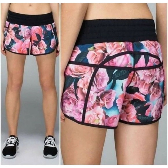 Lululemon Secret Garden Floral Rose Tracker Running Athletic Shorts Size 4 - Picture 1 of 9
